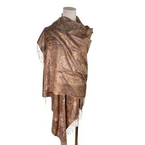Boho Paisley Fringe Pashmina Wrap Scarf Bronze Taupe Neutral Shawl Women OS